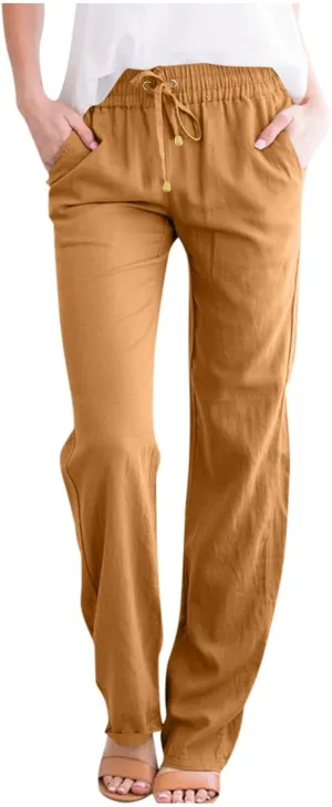 Cotton Linen Pants for Women Straight Leg Drawstring Long Trouser Loose Fit High Waist Beach Pants with Pockets
