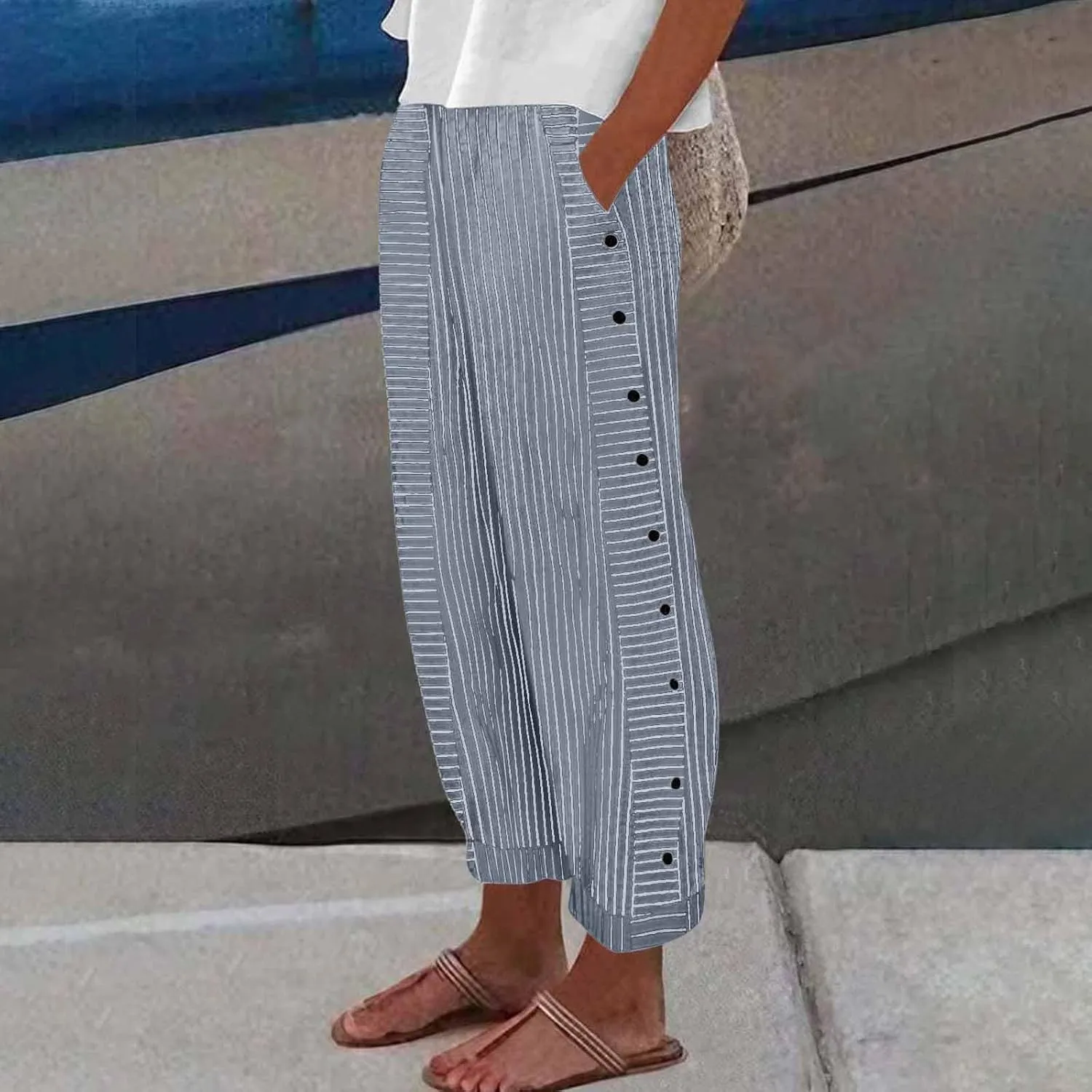 Cotton Linen Pants for Women Summer Wide Leg Elastic Straight Leg Lounge Pant Drawstring Lightweight Beach Trousers