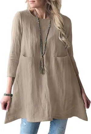 Cotton Linen Summer Midi Dresses for Women 2025 Vacation Loose 3/4 Sleeve Round Neck Tops Tunic Dresses with Pockets