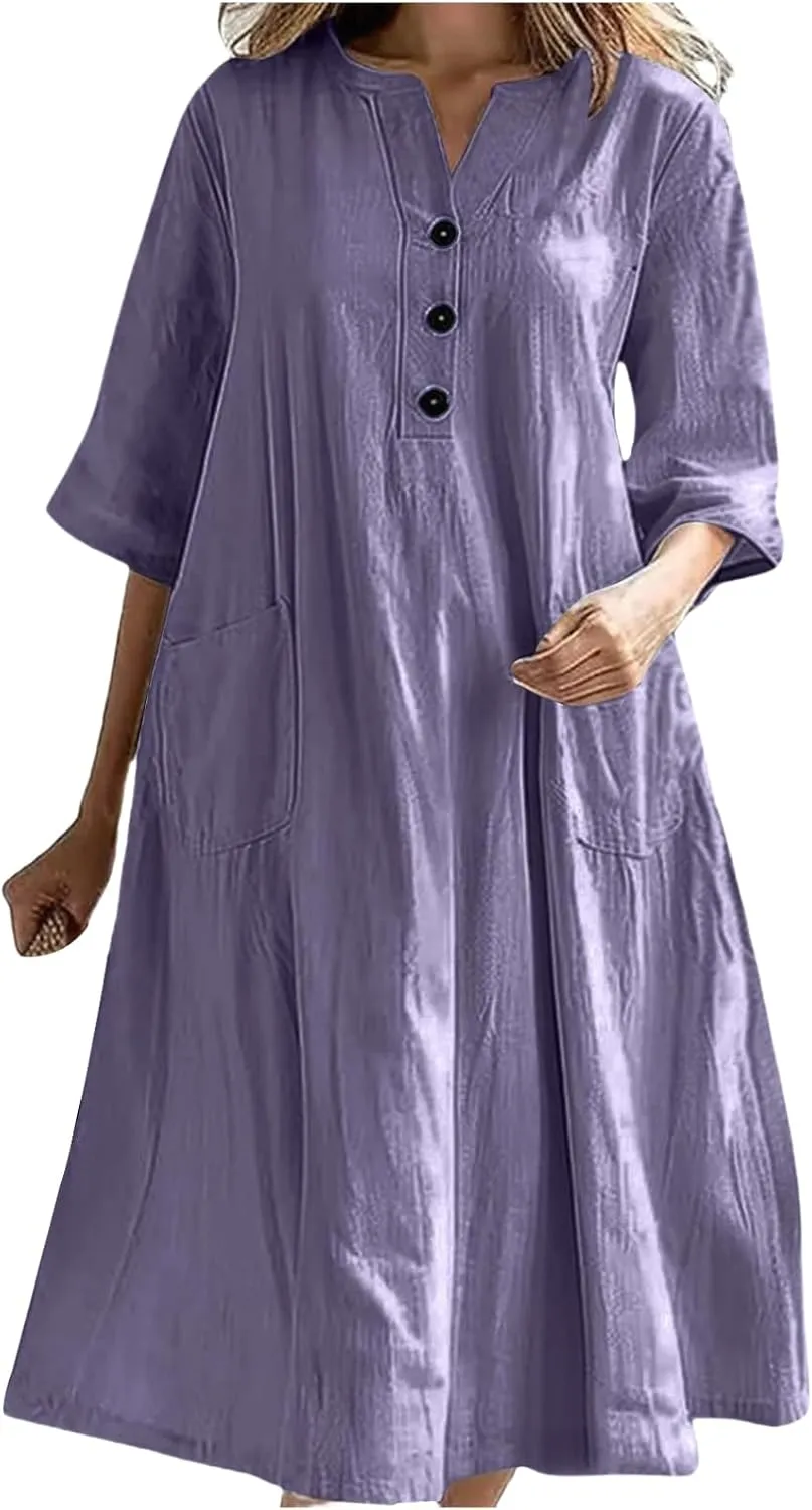 Cotton Linen Summer Midi Dresses for Women Vacation V-Neck Half-Sleeve Casual Loose Dress Beach Midi Sundress Pockets