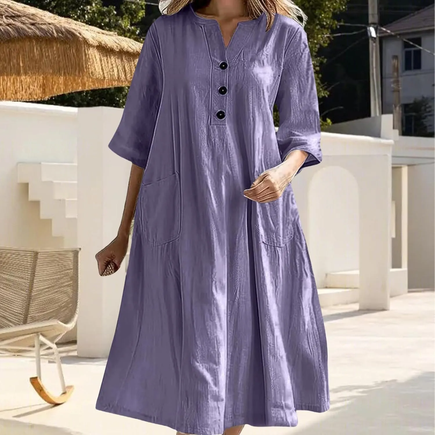 Cotton Linen Summer Midi Dresses for Women Vacation V-Neck Half-Sleeve Casual Loose Dress Beach Midi Sundress Pockets