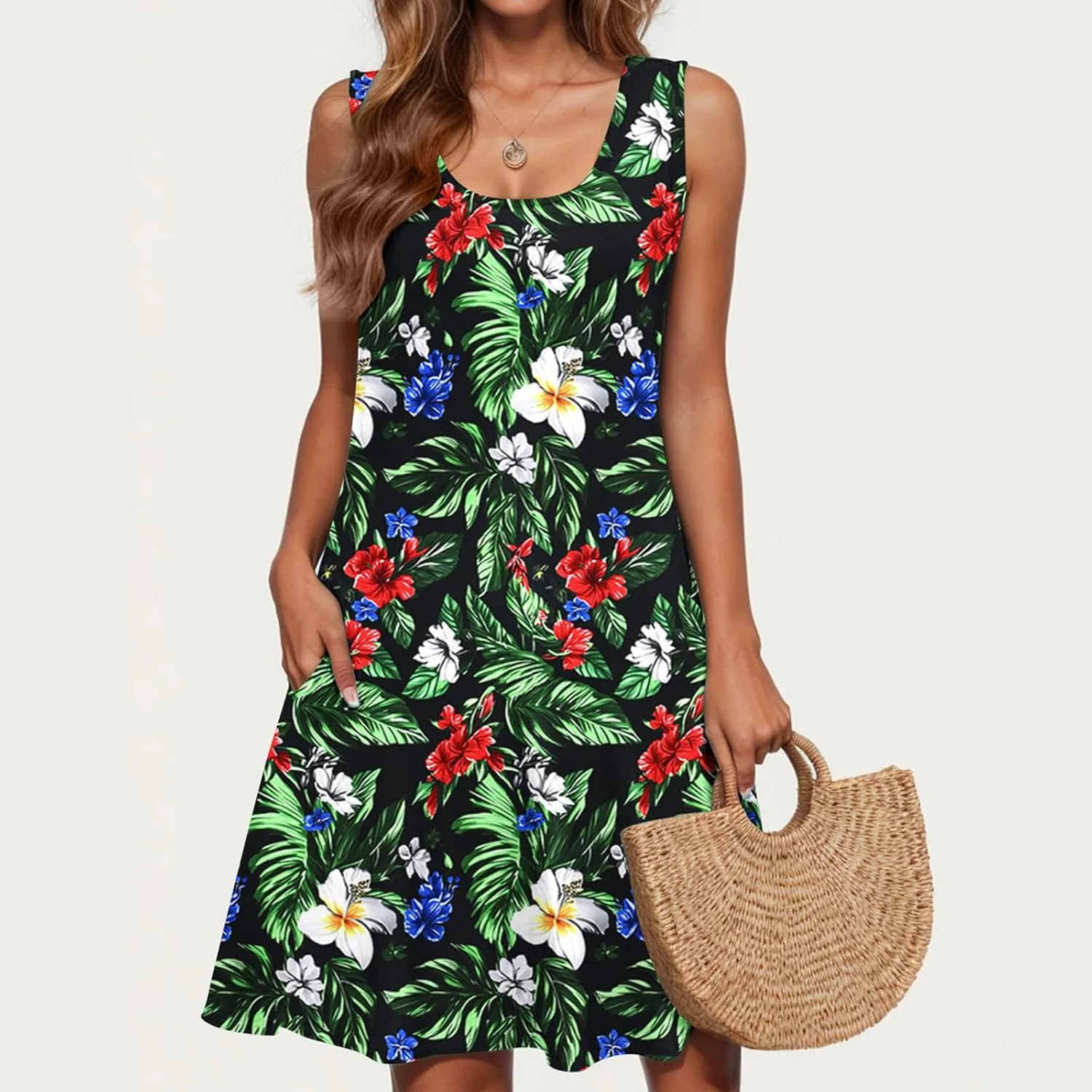 Coverup Sundresses for Women's Boho Swimsuit Cover Ups with Pockets Casual Loose Sleeveless Summer Beach Tank Dresses