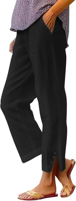 Cropped Linen Pants Women Summer Elastic Waist Straight Leg Plus Size Crop Pants Casual Beach Trousers with Pockets