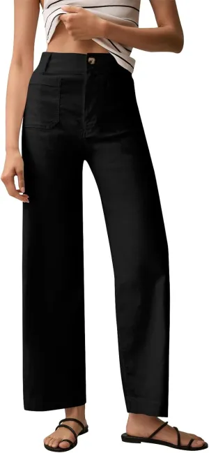 Cropped Work Pants for Women Casual High Waisted Button Straight Leg Ankle Pants Business Casual Pants with Pockets