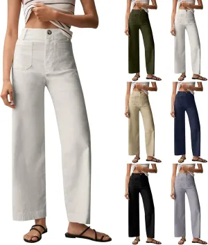 Cropped Work Pants for Women Casual High Waisted Button Straight Leg Ankle Pants Business Casual Pants with Pockets