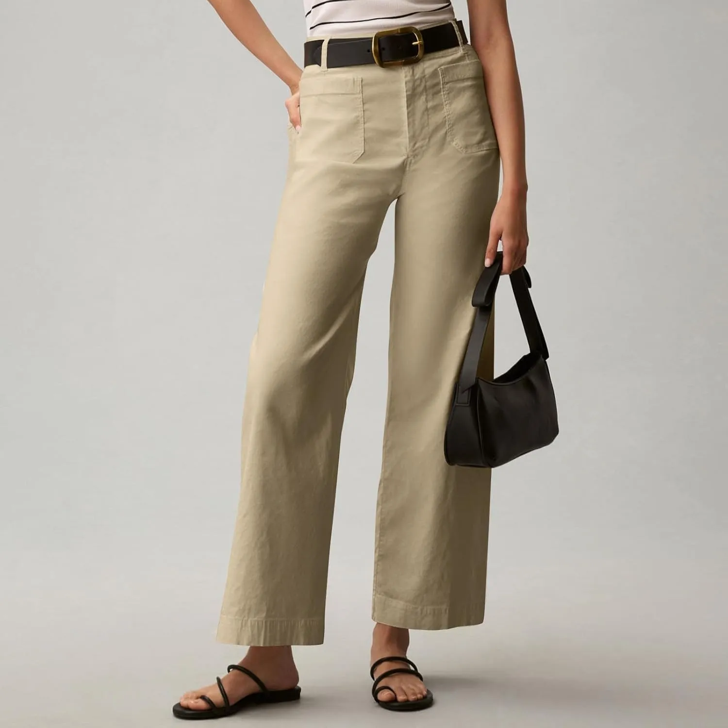 Cropped Work Pants for Women Casual High Waisted Button Straight Leg Ankle Pants Business Casual Pants with Pockets
