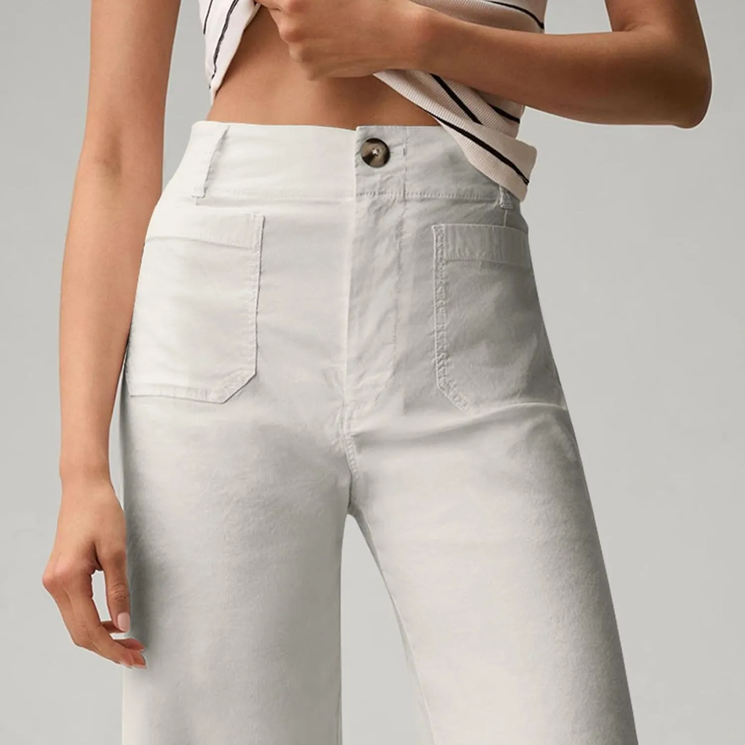 Cropped Work Pants for Women Casual High Waisted Button Straight Leg Ankle Pants Business Casual Pants with Pockets