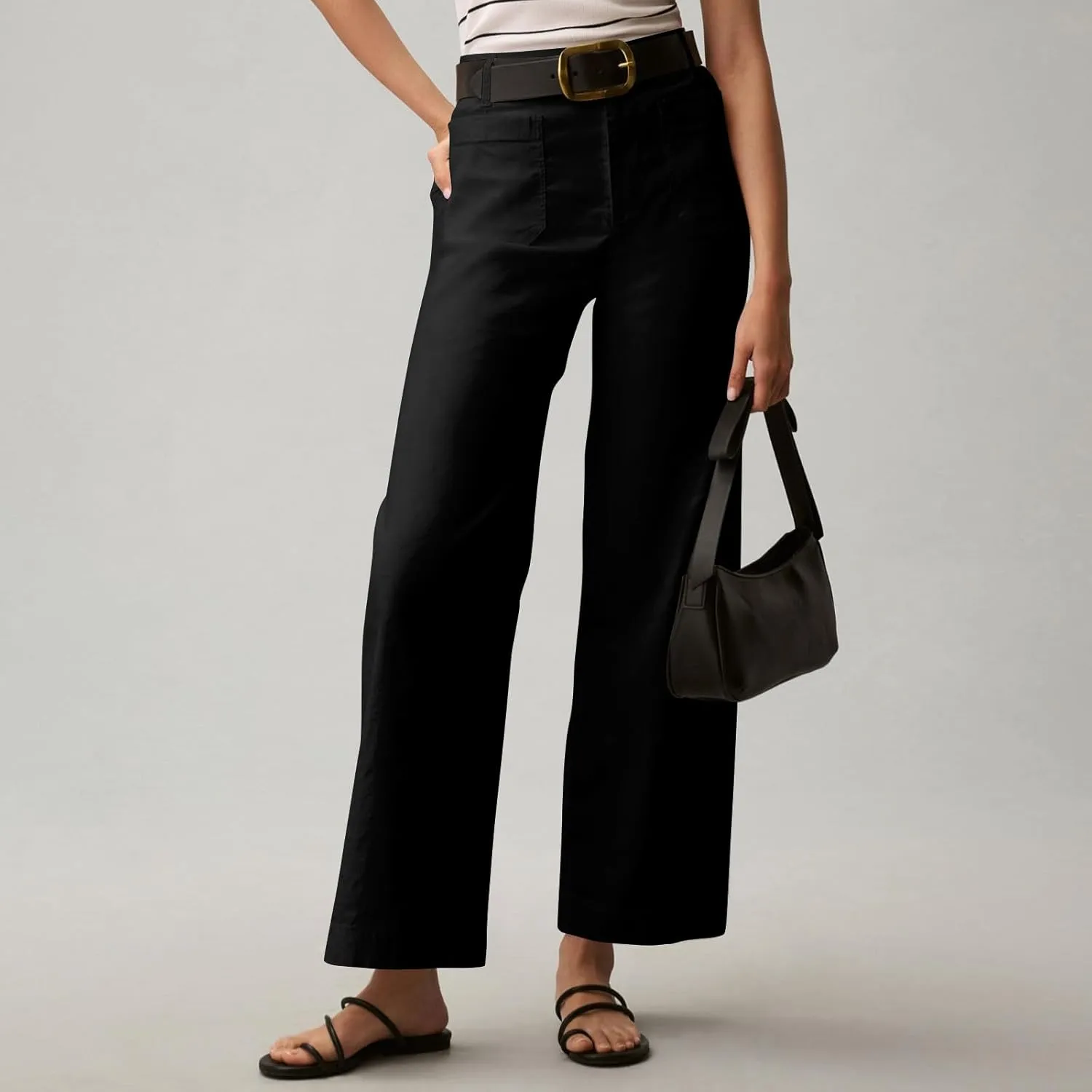 Cropped Work Pants for Women Casual High Waisted Button Straight Leg Ankle Pants Business Casual Pants with Pockets
