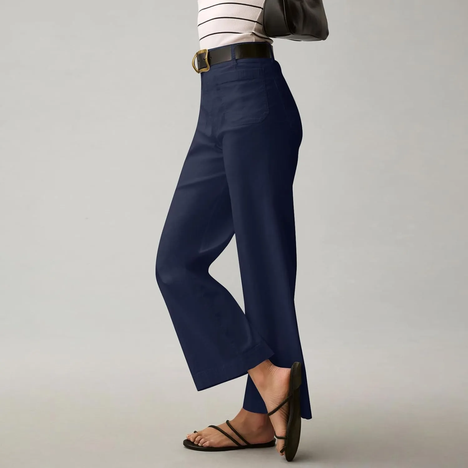 Cropped Work Pants for Women Casual High Waisted Button Straight Leg Ankle Pants Business Casual Pants with Pockets