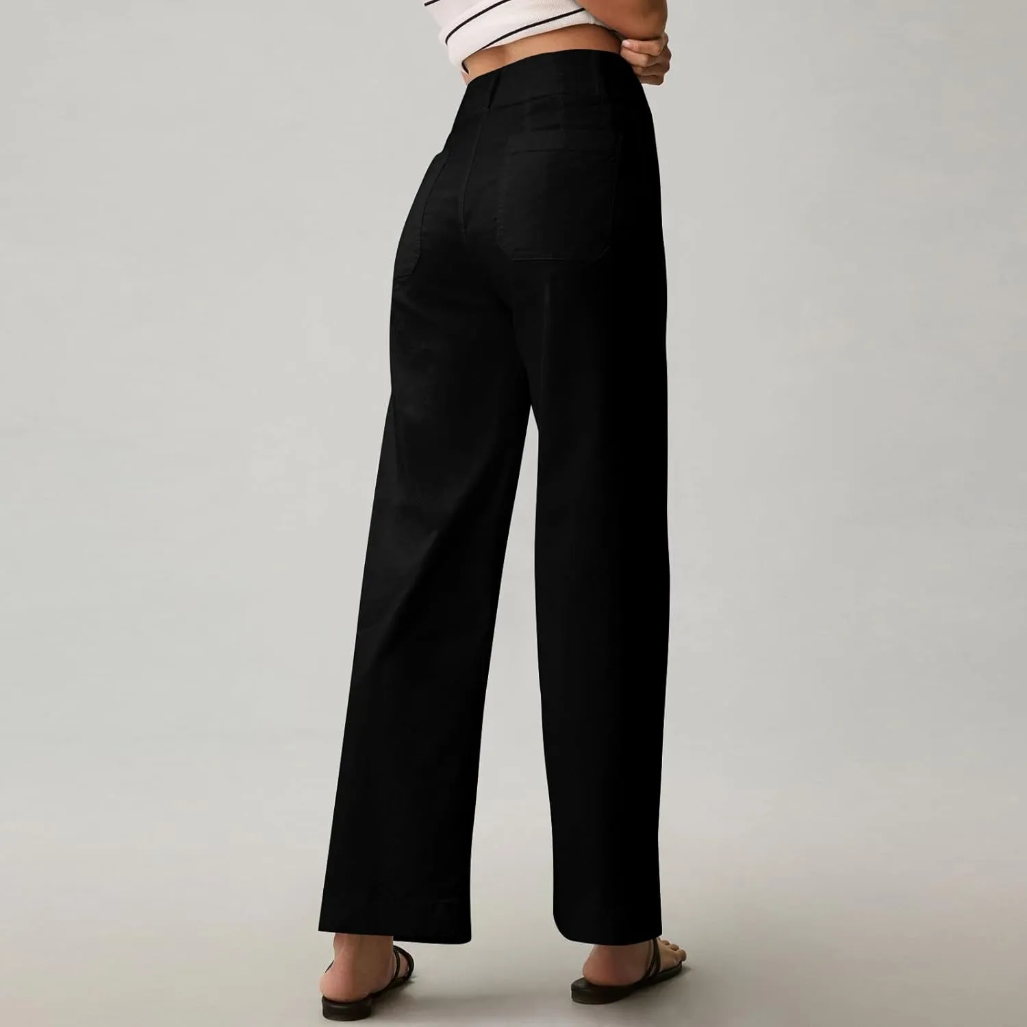 Cropped Work Pants for Women Casual High Waisted Button Straight Leg Ankle Pants Business Casual Pants with Pockets