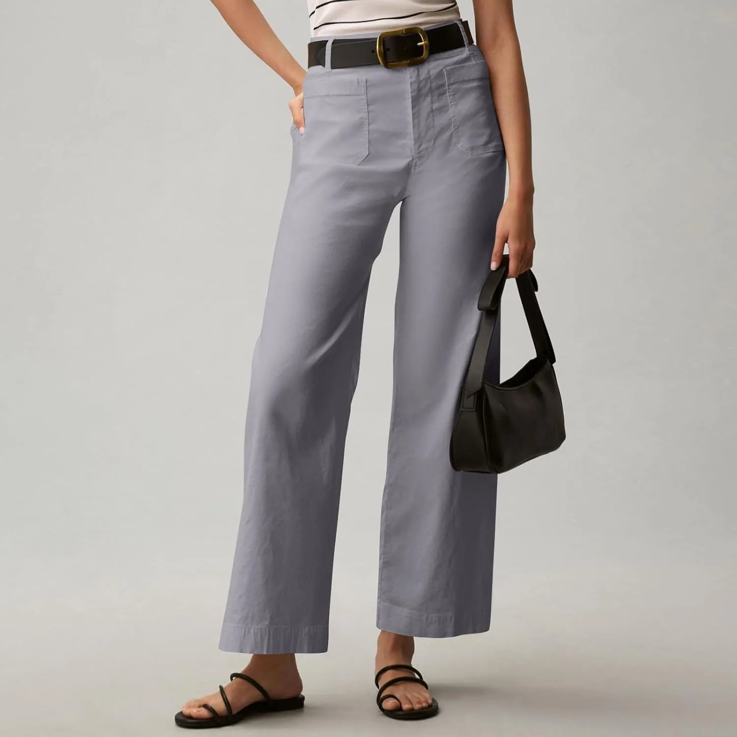 Cropped Work Pants for Women Casual High Waisted Button Straight Leg Ankle Pants Business Casual Pants with Pockets