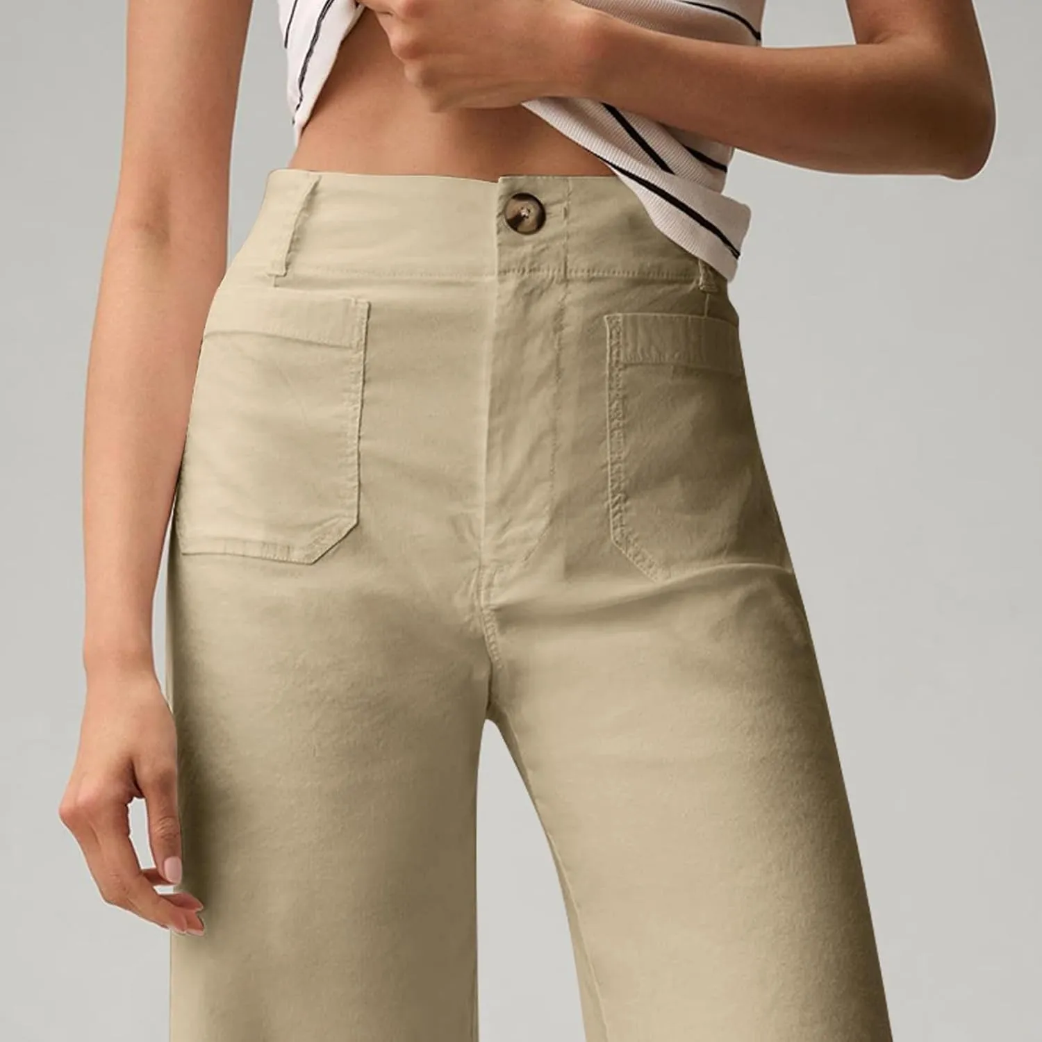 Cropped Work Pants for Women Casual High Waisted Button Straight Leg Ankle Pants Business Casual Pants with Pockets