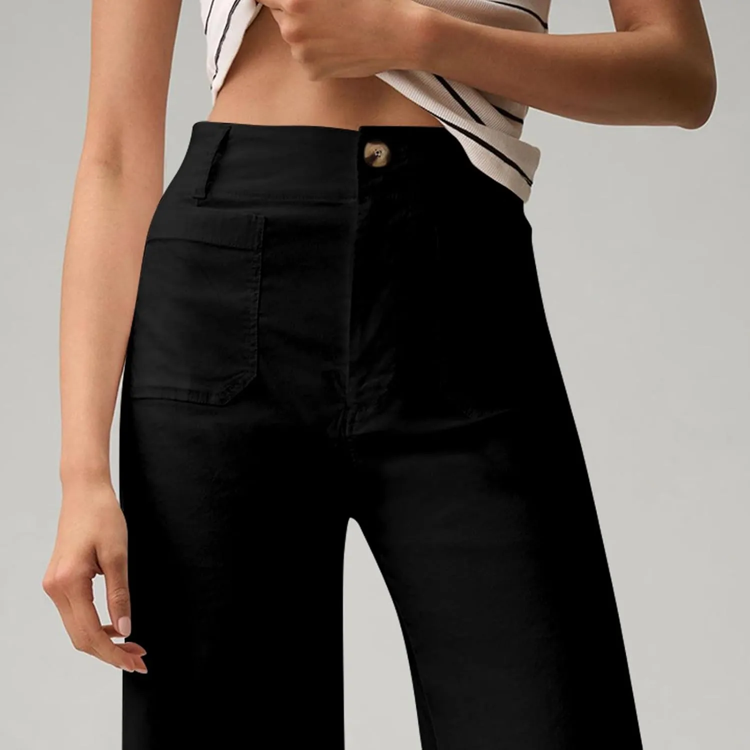 Cropped Work Pants for Women Casual High Waisted Button Straight Leg Ankle Pants Business Casual Pants with Pockets