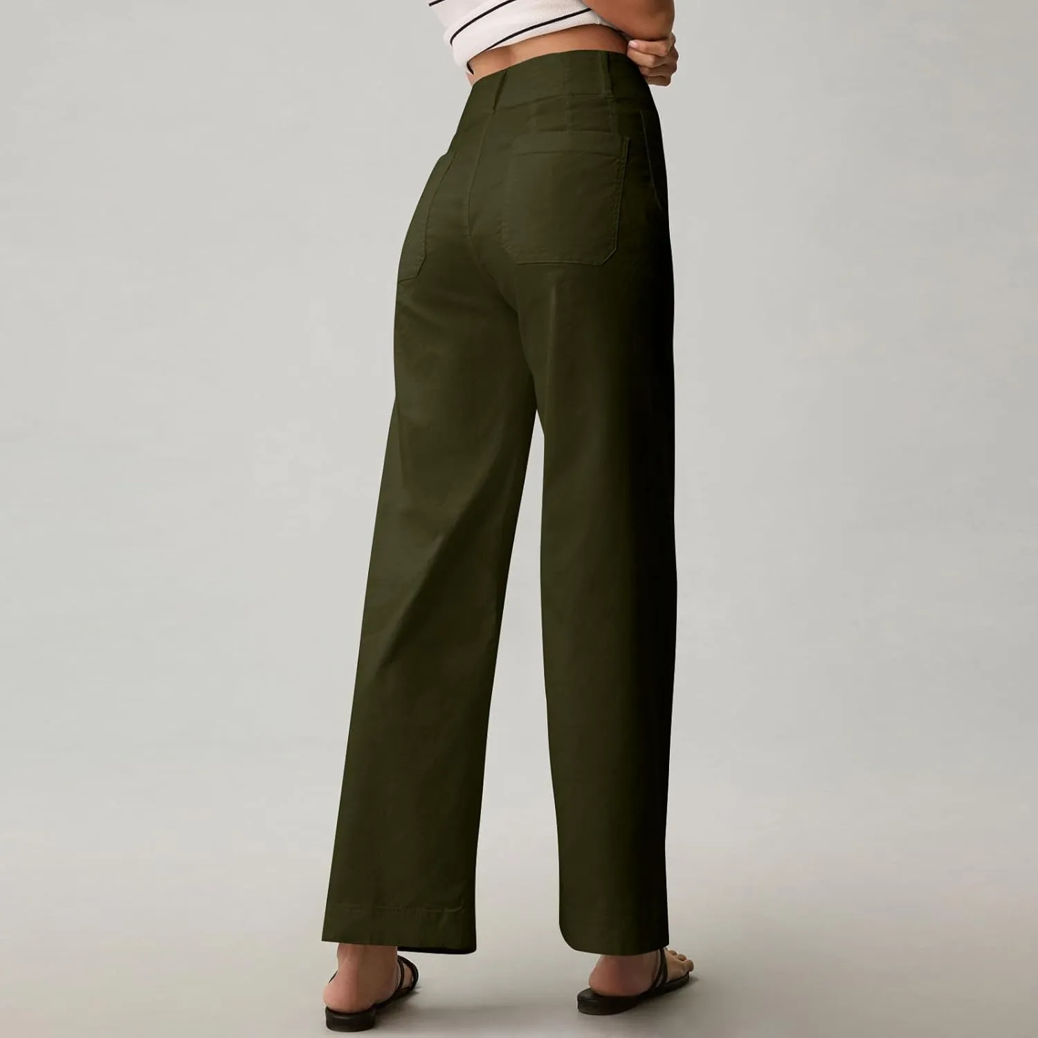 Cropped Work Pants for Women Casual High Waisted Button Straight Leg Ankle Pants Business Casual Pants with Pockets
