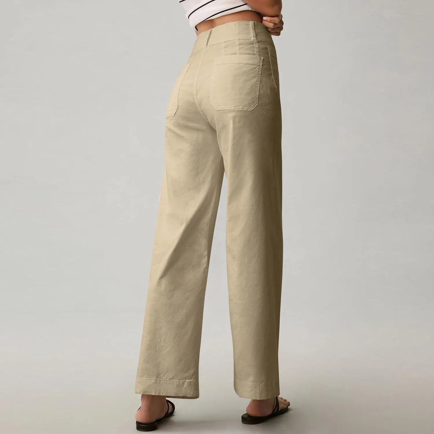 Cropped Work Pants for Women Casual High Waisted Button Straight Leg Ankle Pants Business Casual Pants with Pockets