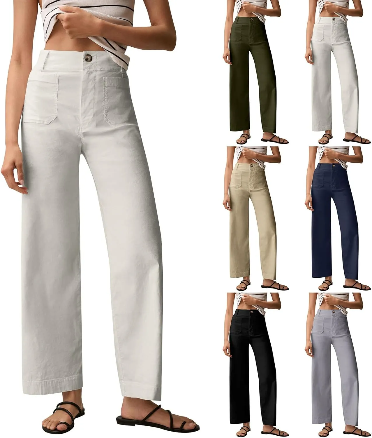 Cropped Work Pants for Women Casual High Waisted Button Straight Leg Ankle Pants Business Casual Pants with Pockets