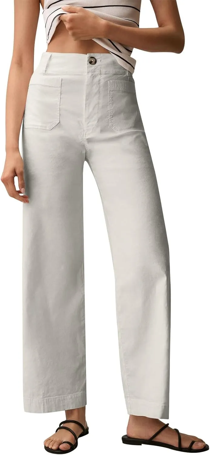 Cropped Work Pants for Women Casual High Waisted Button Straight Leg Ankle Pants Business Casual Pants with Pockets