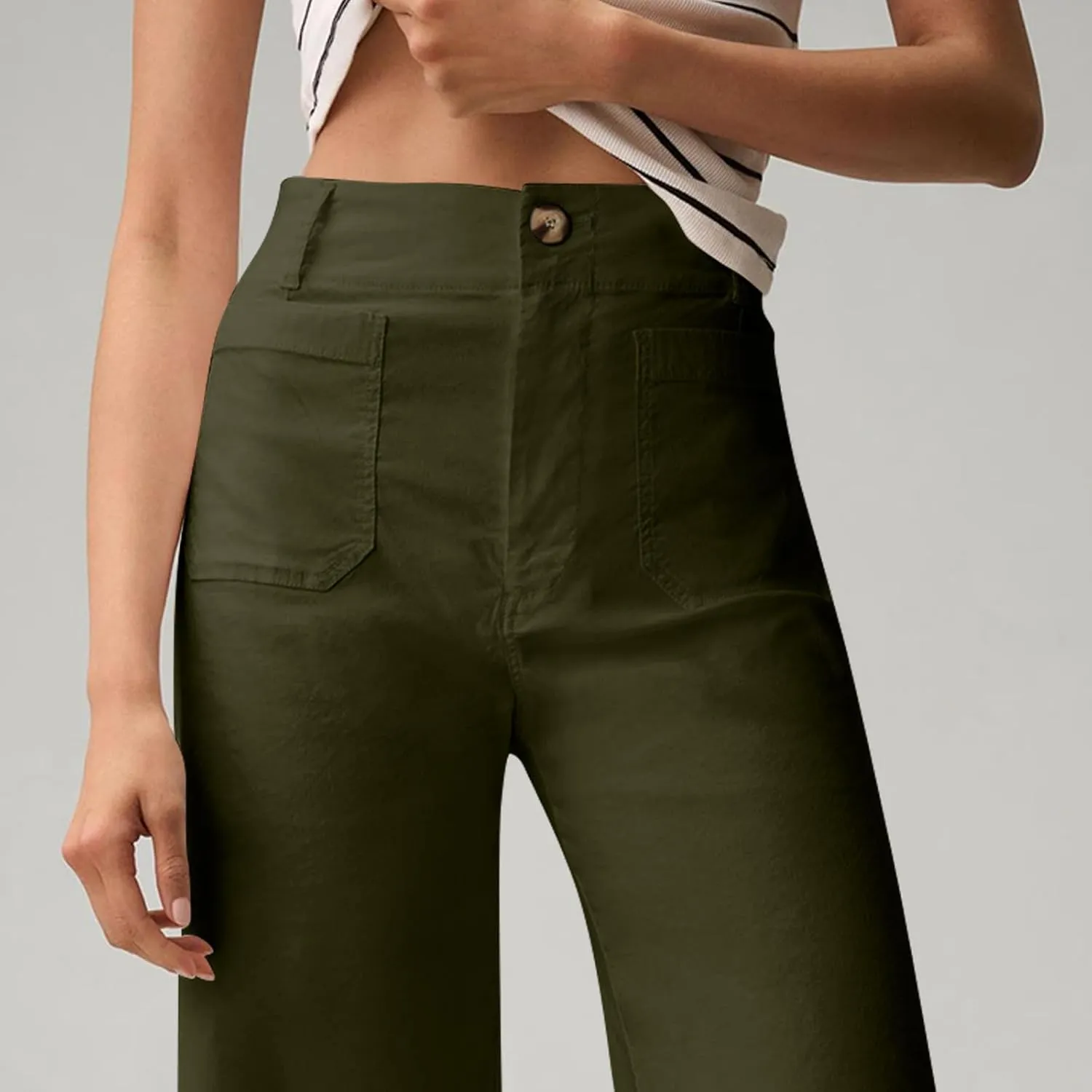 Cropped Work Pants for Women Casual High Waisted Button Straight Leg Ankle Pants Business Casual Pants with Pockets