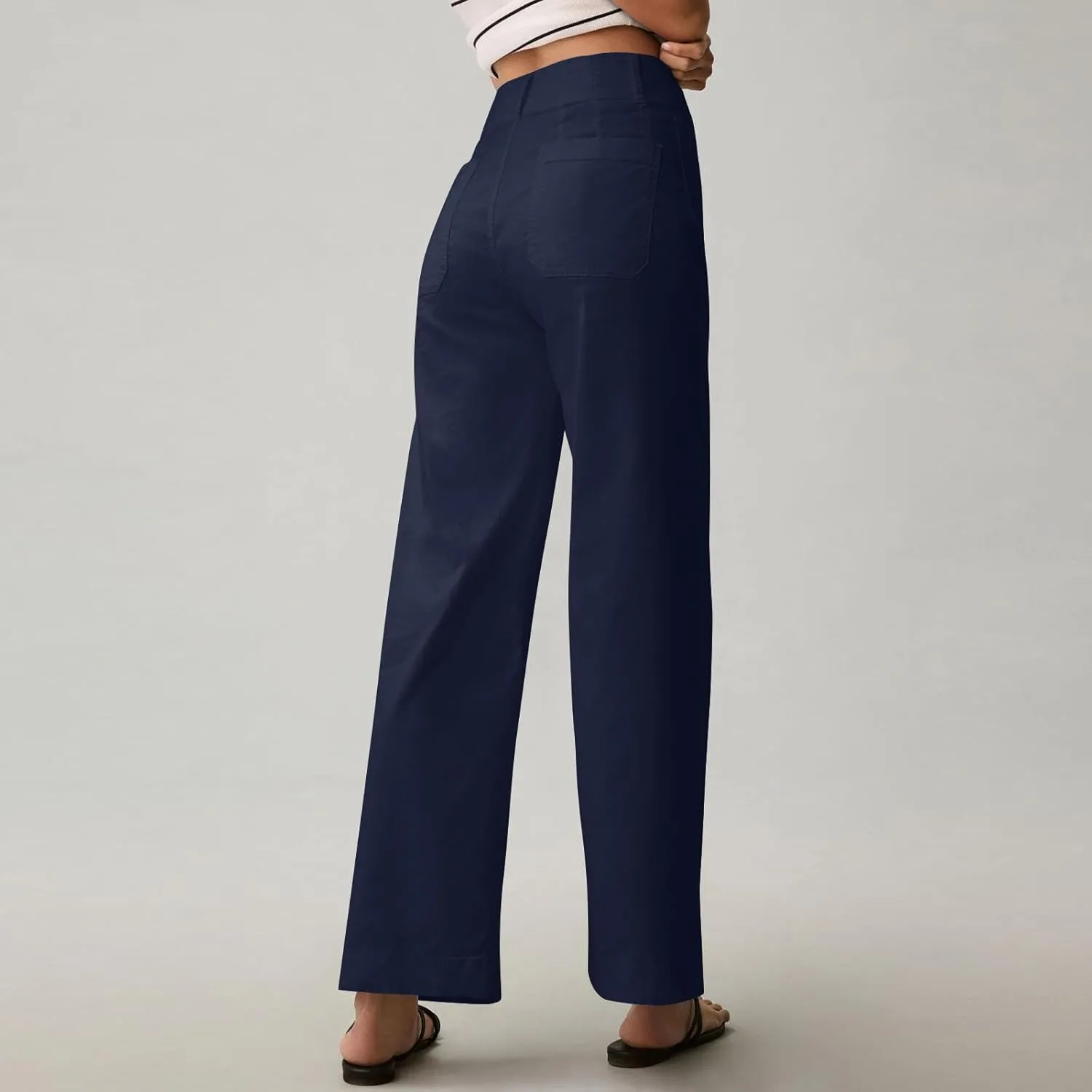Cropped Work Pants for Women Casual High Waisted Button Straight Leg Ankle Pants Business Casual Pants with Pockets