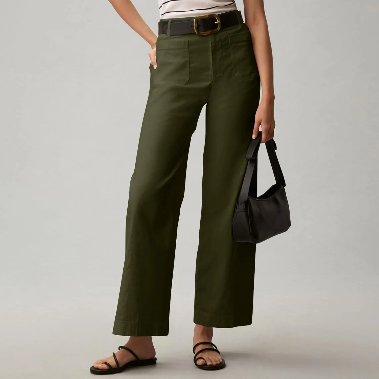 Cropped Work Pants for Women Casual High Waisted Button Straight Leg Ankle Pants Business Casual Pants with Pockets