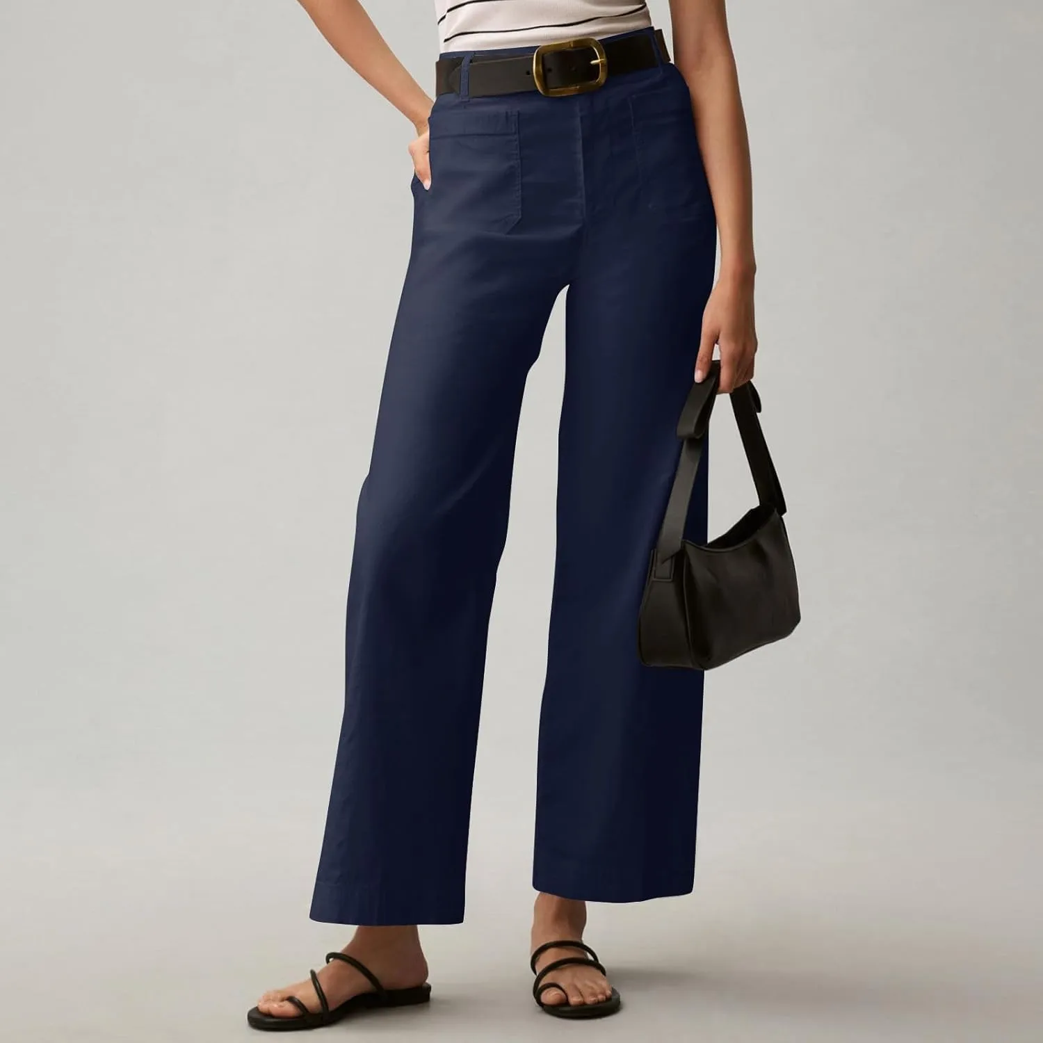Cropped Work Pants for Women Casual High Waisted Button Straight Leg Ankle Pants Business Casual Pants with Pockets