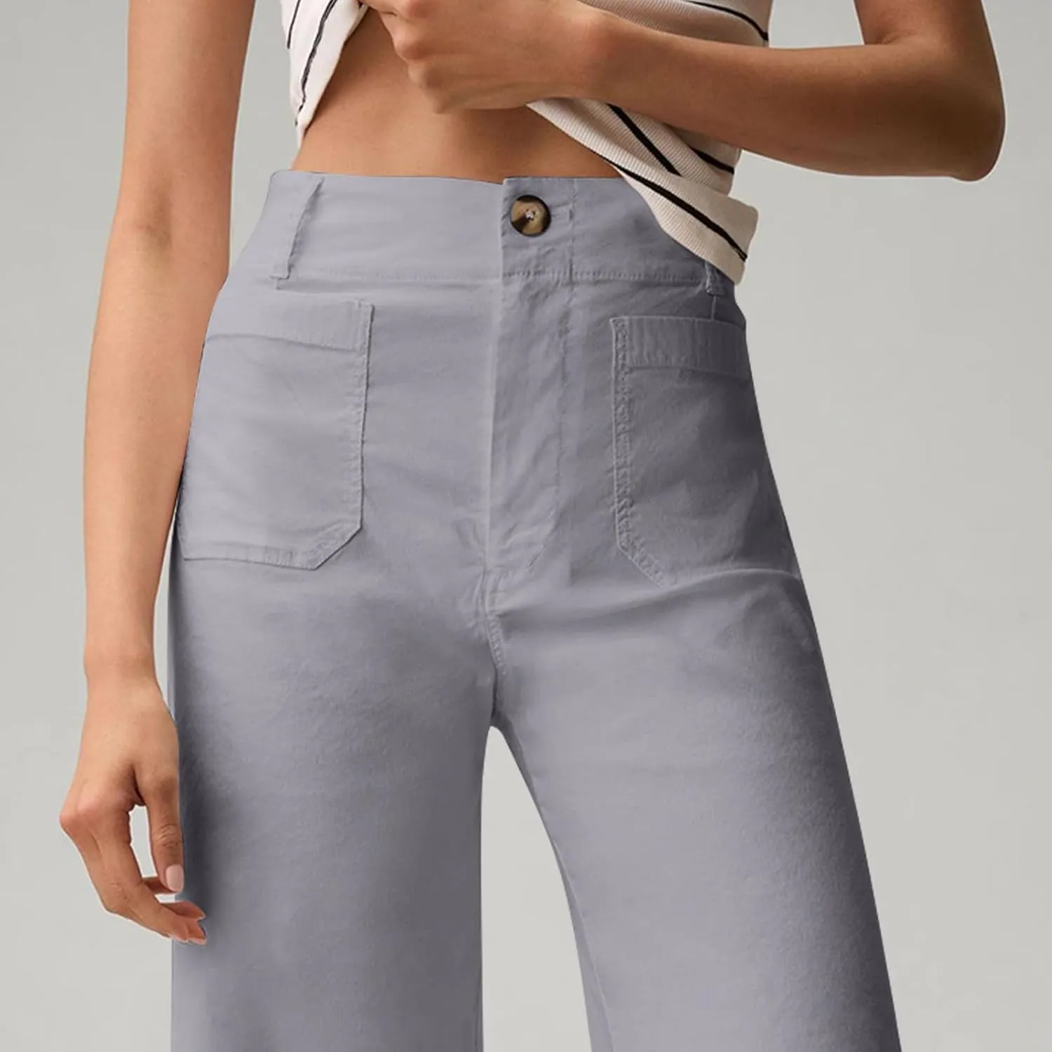 Cropped Work Pants for Women Casual High Waisted Button Straight Leg Ankle Pants Business Casual Pants with Pockets
