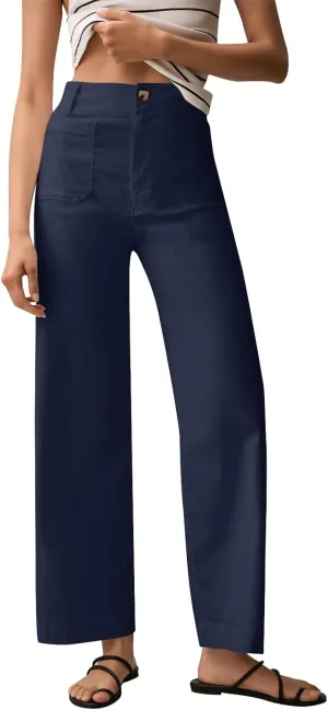 Cropped Work Pants for Women Casual High Waisted Button Straight Leg Ankle Pants Business Casual Pants with Pockets