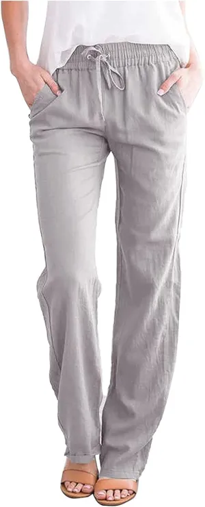 Deals of The Day Clearance Prime,Womens Casual Summer Pants 2024 Straight Leg Drawstring Elastic High Waist Cotton Linen Pants Loose Comfy Trousers