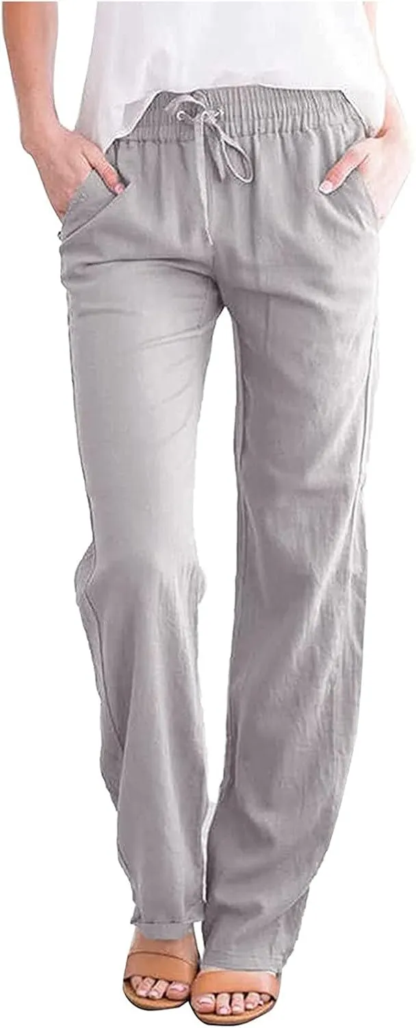 Deals of The Day Clearance Prime,Womens Casual Summer Pants 2024 Straight Leg Drawstring Elastic High Waist Cotton Linen Pants Loose Comfy Trousers
