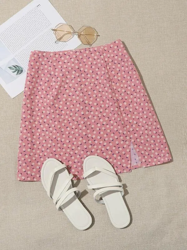Ditsy Floral Slit Hem A-Line Dress