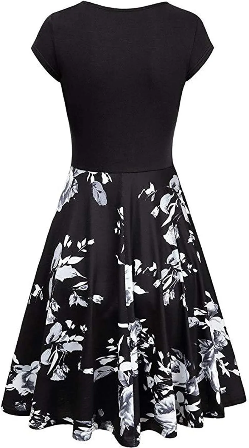 Dresses for Women 2025 Simple V Neck Floral Printed Cap Sleeve Midi Dresses Trendy High Waisted Party Dresses