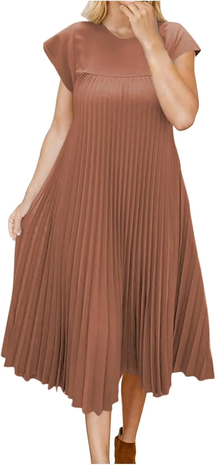 Dresses for Women Pleated Loose Plus Size Crew Neck Short Sleeve Flowy Dress Wedding Guest Beach Sundress