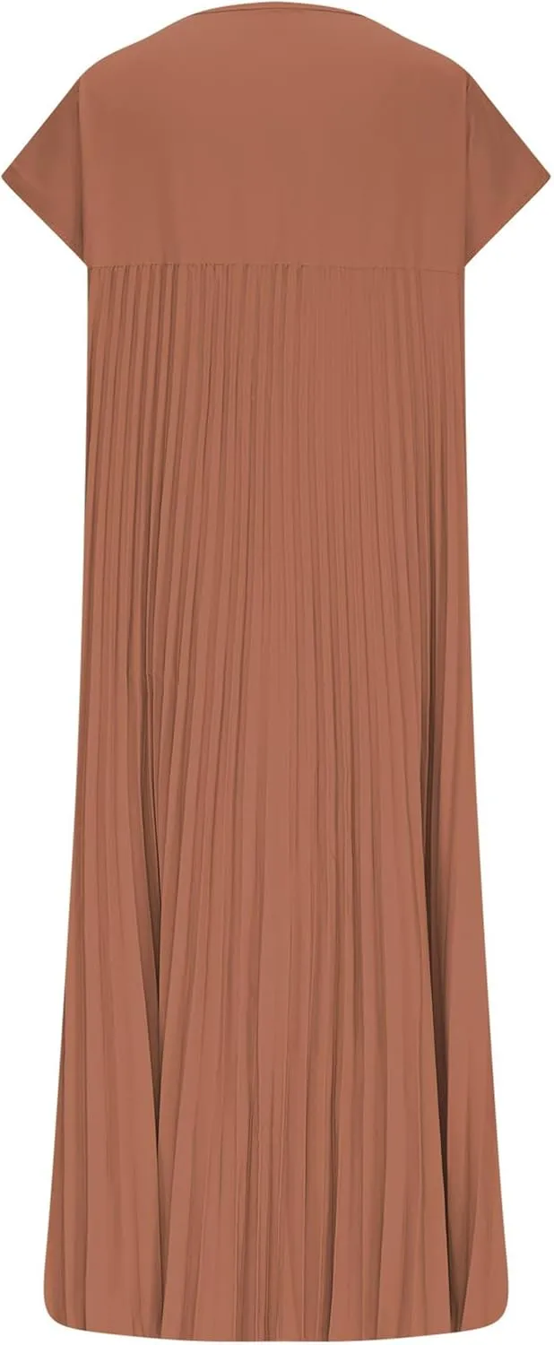 Dresses for Women Pleated Loose Plus Size Crew Neck Short Sleeve Flowy Dress Wedding Guest Beach Sundress