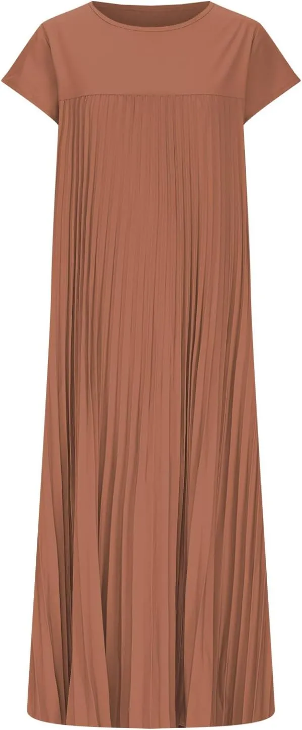 Dresses for Women Pleated Loose Plus Size Crew Neck Short Sleeve Flowy Dress Wedding Guest Beach Sundress