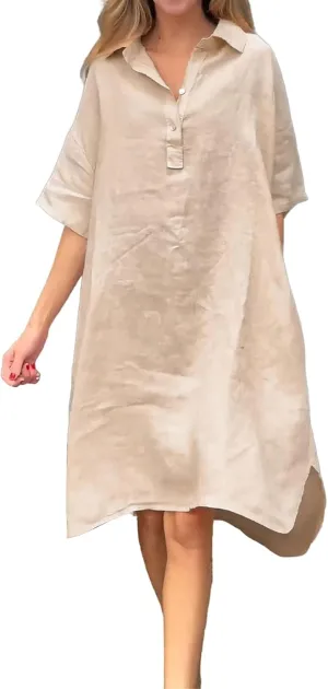 Dresses for Women Plus Size Cotton Shirt Dress Casual Loose Half Sleeve Button Collared Midi Dresses