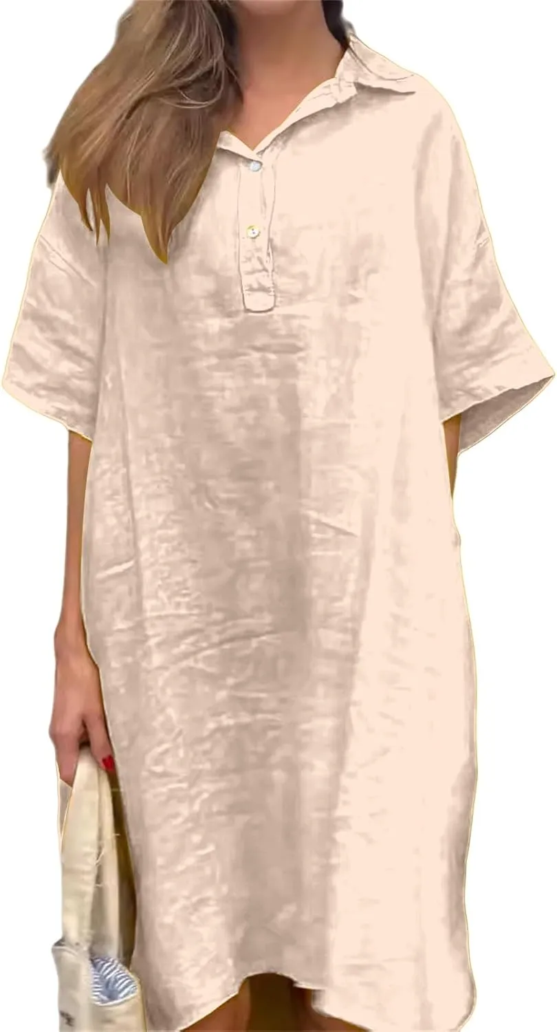 Dresses for Women Plus Size Cotton Shirt Dress Casual Loose Half Sleeve Button Collared Midi Dresses