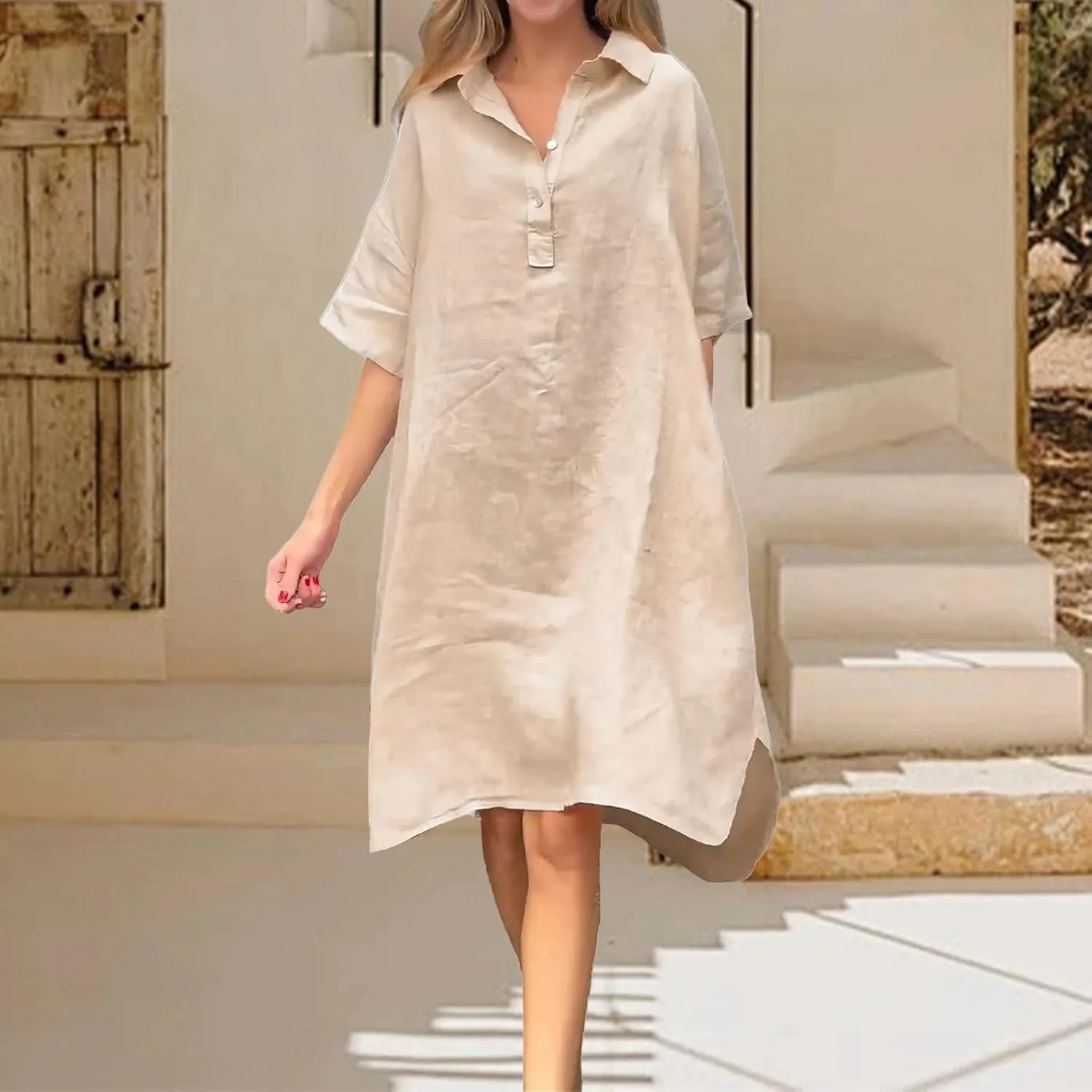 Dresses for Women Plus Size Cotton Shirt Dress Casual Loose Half Sleeve Button Collared Midi Dresses
