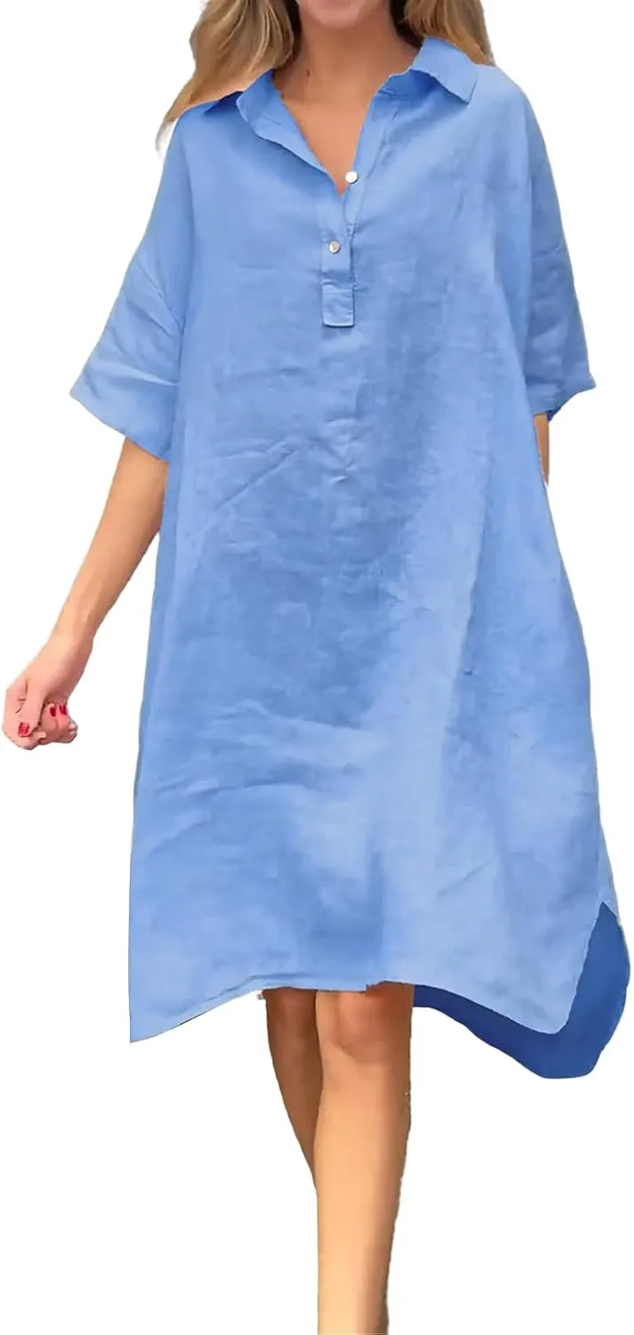 Dresses for Women Plus Size Cotton Shirt Dress Casual Loose Half Sleeve Button Collared Midi Dresses