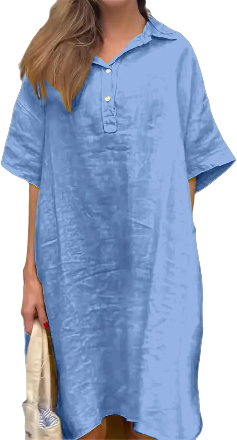 Dresses for Women Plus Size Cotton Shirt Dress Casual Loose Half Sleeve Button Collared Midi Dresses