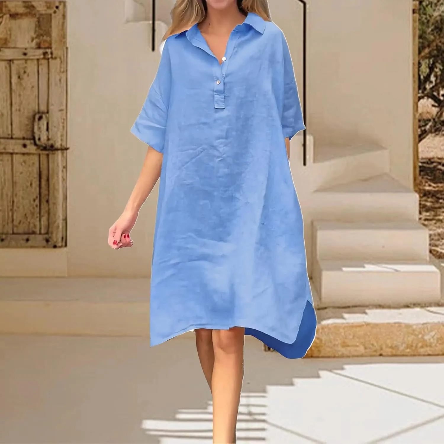 Dresses for Women Plus Size Cotton Shirt Dress Casual Loose Half Sleeve Button Collared Midi Dresses