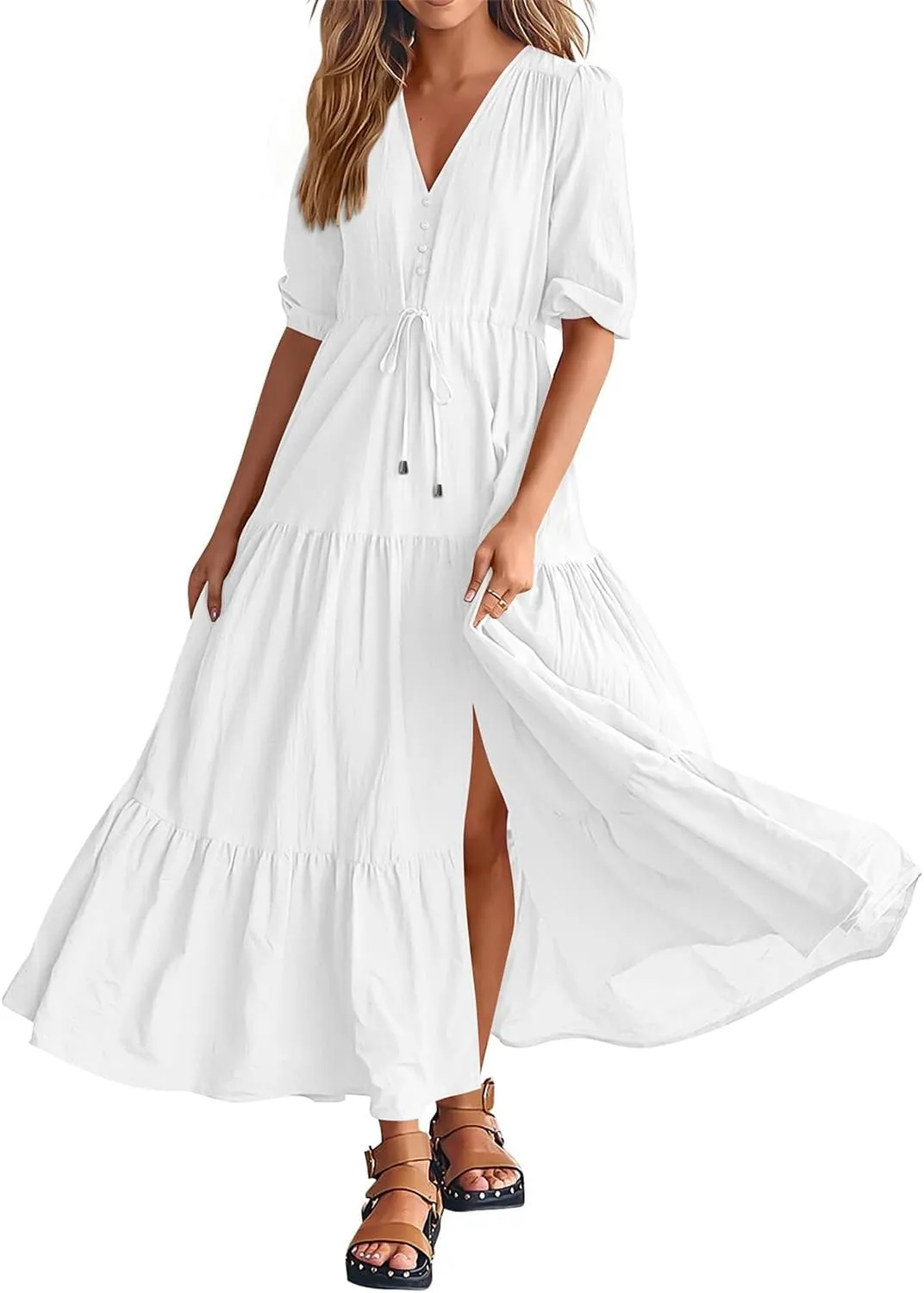 Dresses for Women Summer Short Sleeve V Neck Flowy Swing Maxi Dress Side Split Flutter Drawstring Waist Dresses