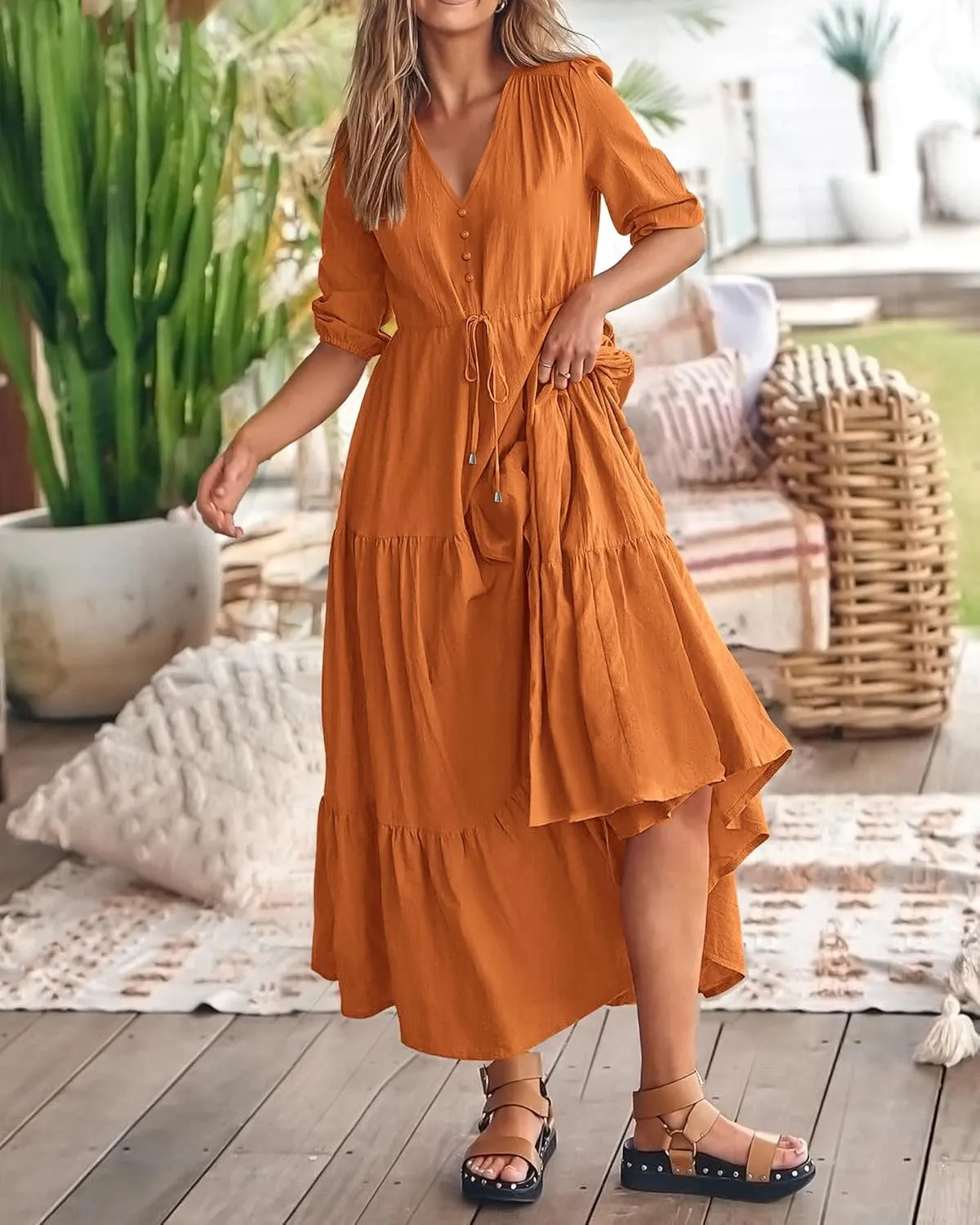 Dresses for Women Summer Short Sleeve V Neck Flowy Swing Maxi Dress Side Split Flutter Drawstring Waist Dresses