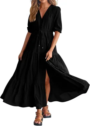 Dresses for Women Summer Short Sleeve V Neck Flowy Swing Maxi Dress Side Split Flutter Drawstring Waist Dresses