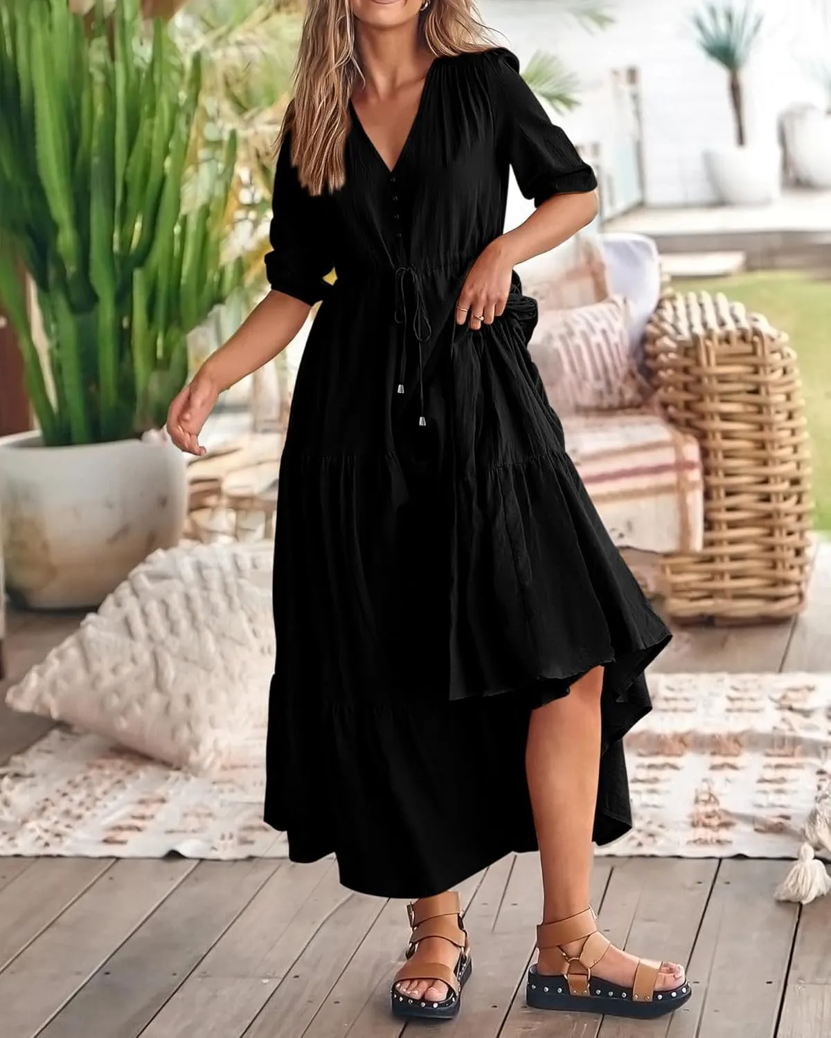 Dresses for Women Summer Short Sleeve V Neck Flowy Swing Maxi Dress Side Split Flutter Drawstring Waist Dresses