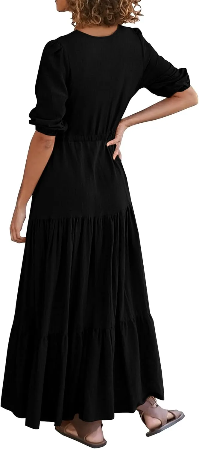 Dresses for Women Summer Short Sleeve V Neck Flowy Swing Maxi Dress Side Split Flutter Drawstring Waist Dresses