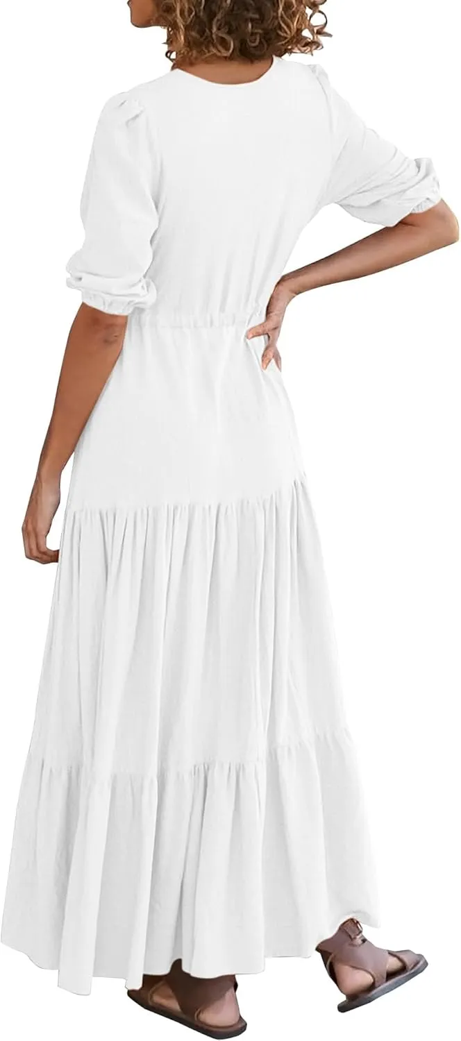 Dresses for Women Summer Short Sleeve V Neck Flowy Swing Maxi Dress Side Split Flutter Drawstring Waist Dresses