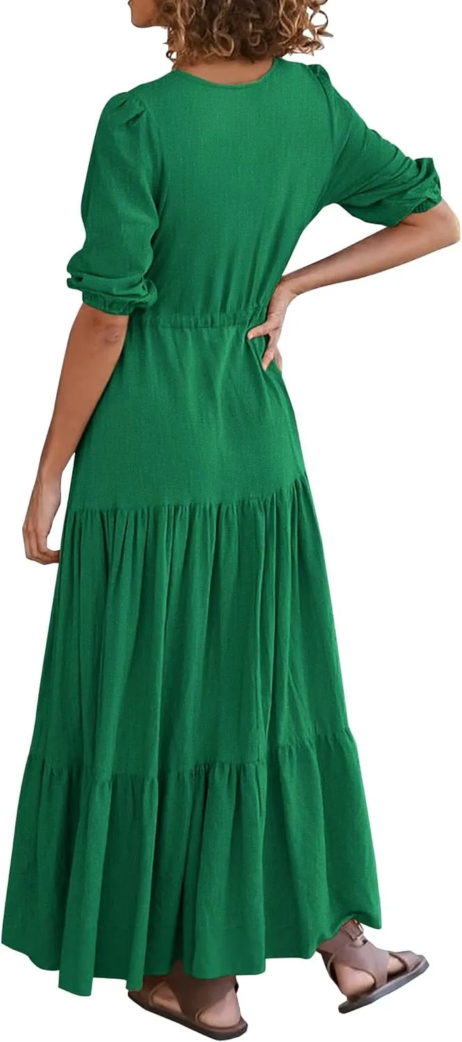 Dresses for Women Summer Short Sleeve V Neck Flowy Swing Maxi Dress Side Split Flutter Drawstring Waist Dresses
