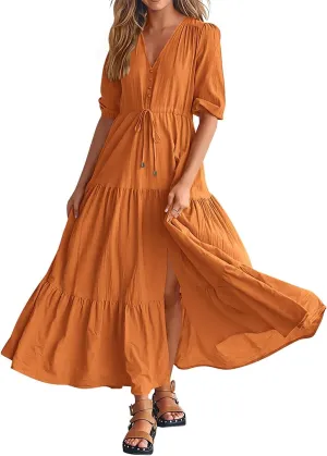 Dresses for Women Summer Short Sleeve V Neck Flowy Swing Maxi Dress Side Split Flutter Drawstring Waist Dresses
