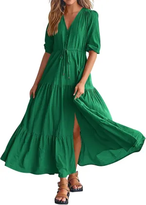 Dresses for Women Summer Short Sleeve V Neck Flowy Swing Maxi Dress Side Split Flutter Drawstring Waist Dresses