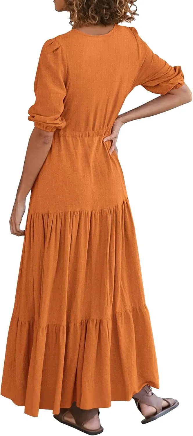 Dresses for Women Summer Short Sleeve V Neck Flowy Swing Maxi Dress Side Split Flutter Drawstring Waist Dresses